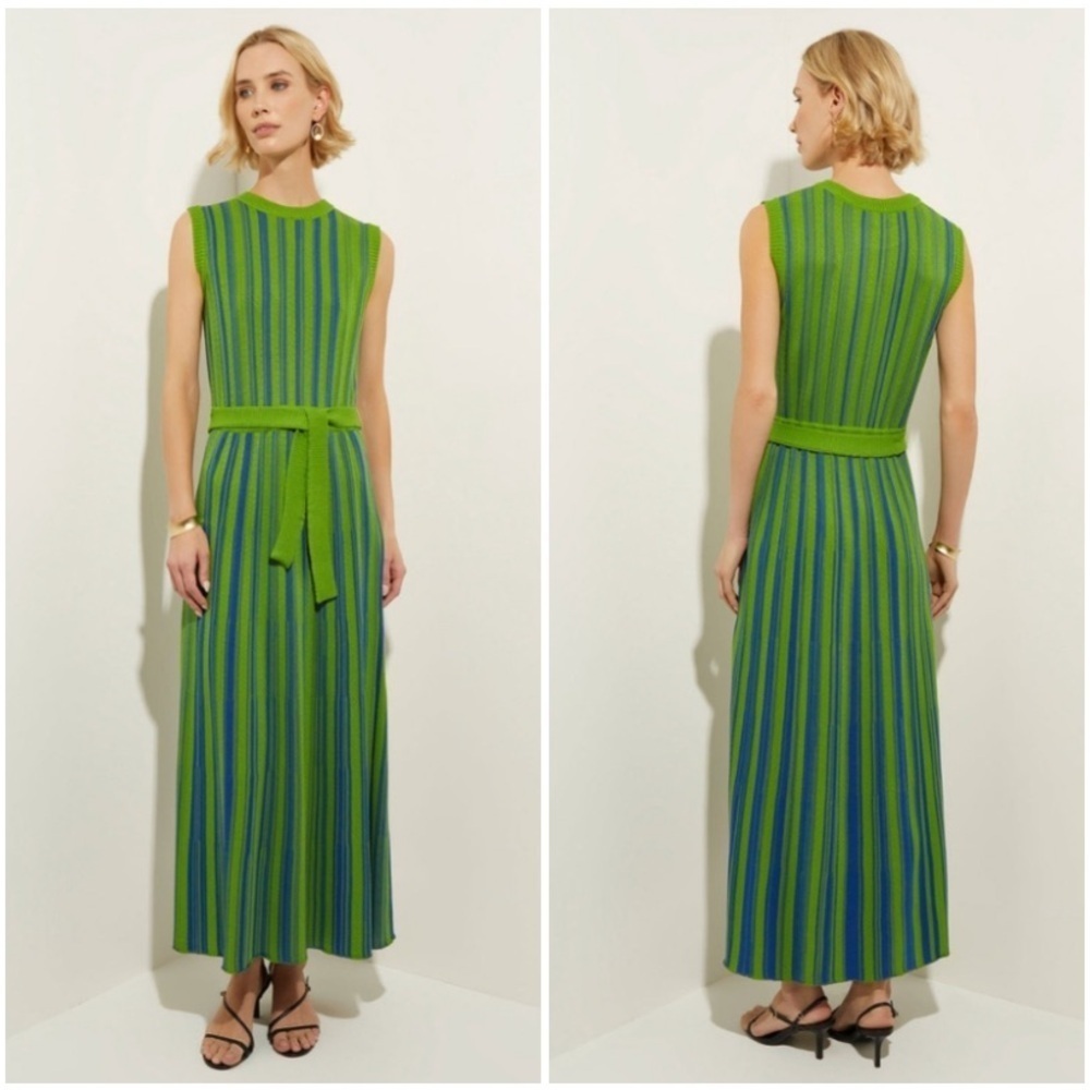 Misook Sleeveless Soft Ribbed Knit Belted Maxi Dress Green Blue Striped Size XL